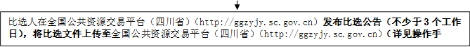 比選人在全國公共資源交易平臺（四川?。╤ttp://ggzyjy.sc.gov.cn）發(fā)布比選公告（不少于3個工作日），將比選文件上傳至全國公共資源交易平臺（四川?。╤ttp://ggzyjy.sc.gov.cn）（詳見操作手冊）。

